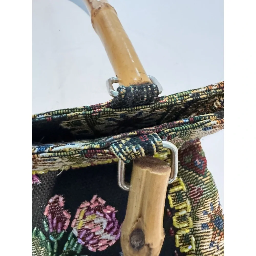 VTG 70s Beaded Floral Tapestry Bag Bamboo Handle Boho Handbag